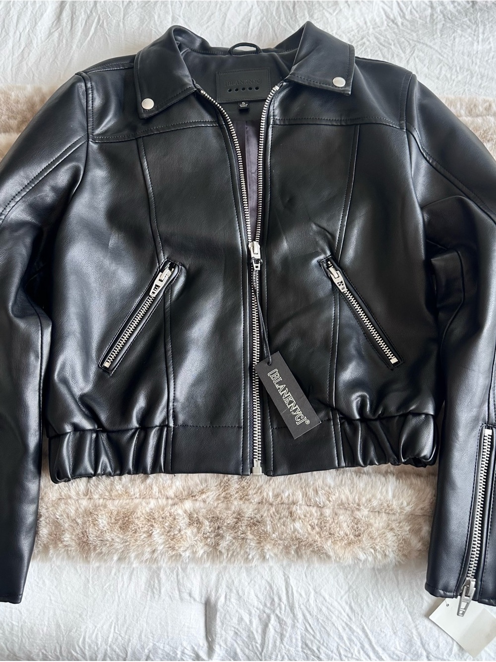 Blank NYC Black Faux Leather Biker Jacket with Silver Hardware